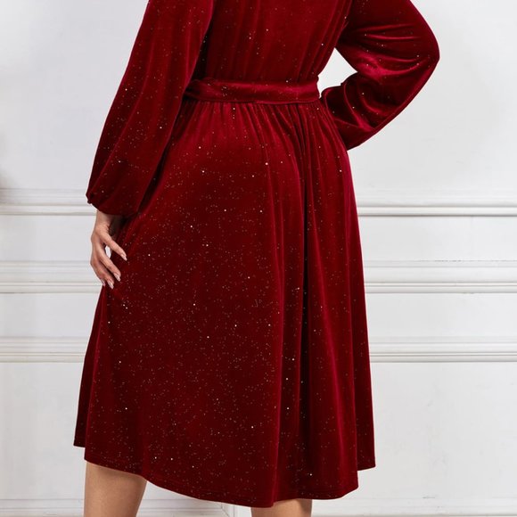 Melo Apparel Plus Size Surplice Neck Balloon Sleeve Tie Belt Midi Dress - Picture 8 of 8